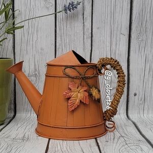 Decorative Rustic Metal Watering Can with Leaf Decor